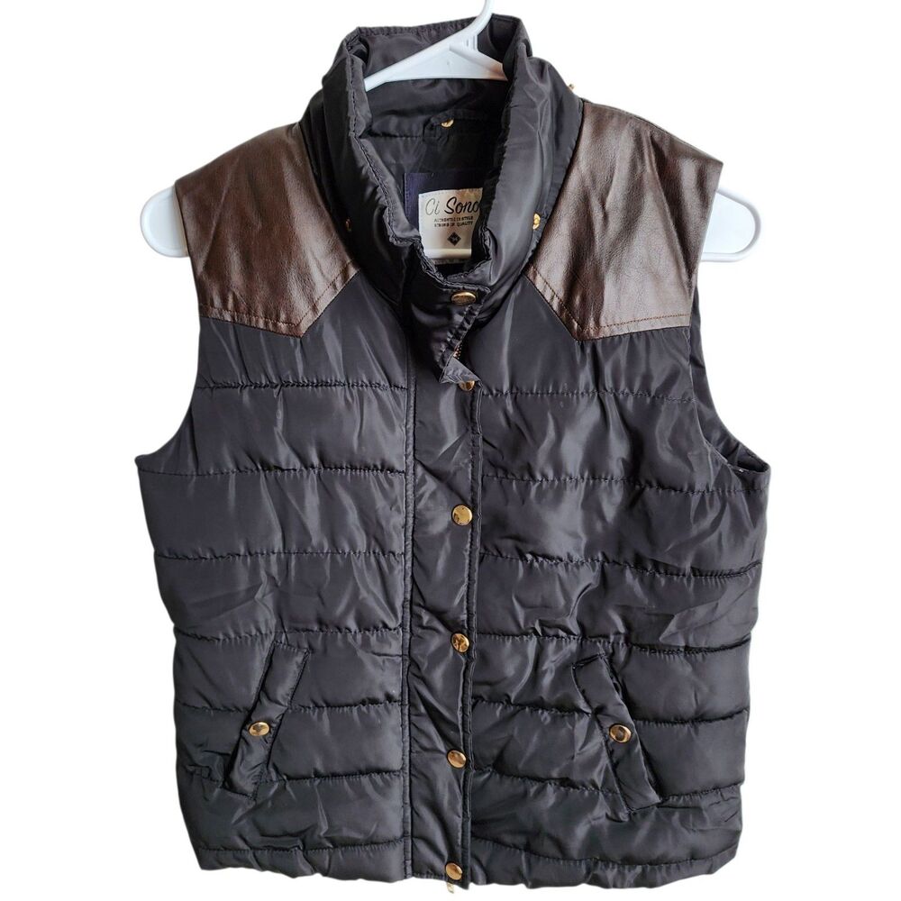 Ci Sono Puffer Vest Womens Medium Black Faux Leather Yoke Sherpa Fleece Lined